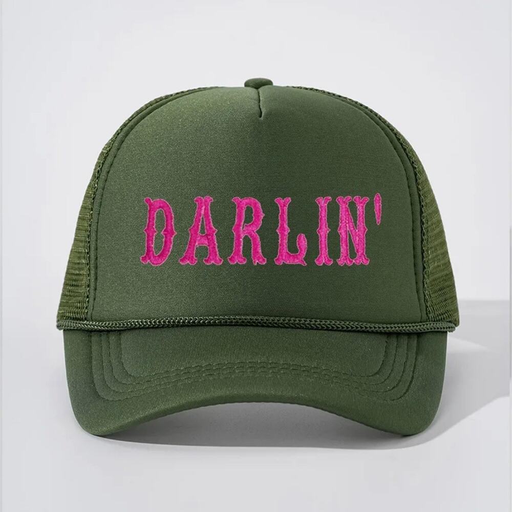 Darlin’ Army Green Pink Western Graphic Adjustable Mesh Trucker Hat NWT